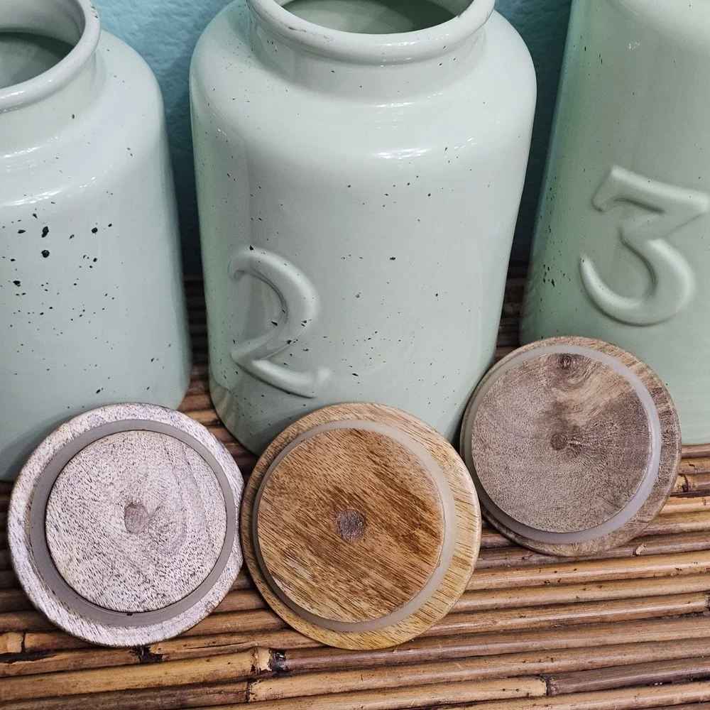 Pier 1 Imports Mint Green Speckled Ceramic Canister Set Wood Lids Farmhouse